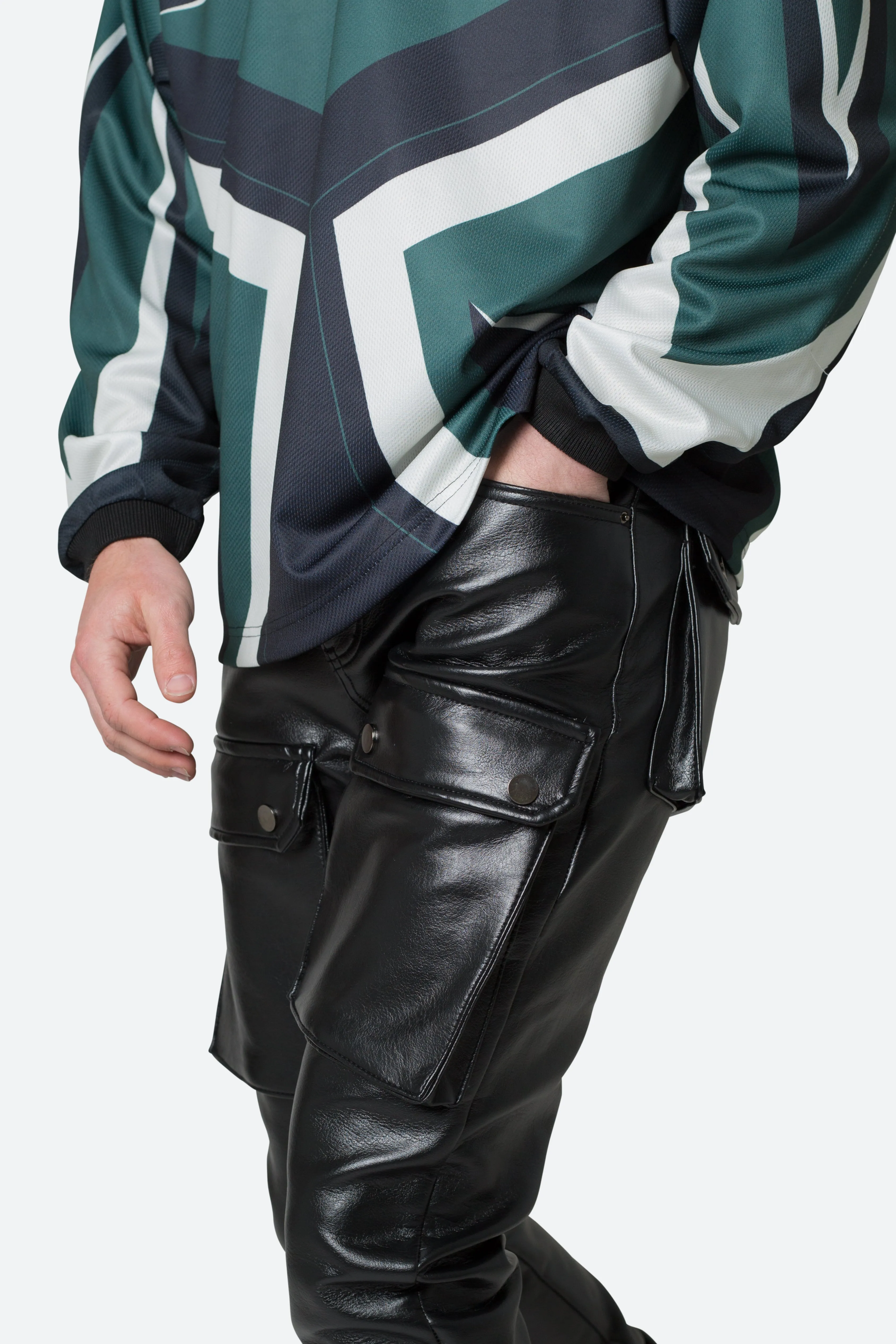 Leather Snap Cargo Pants - Black