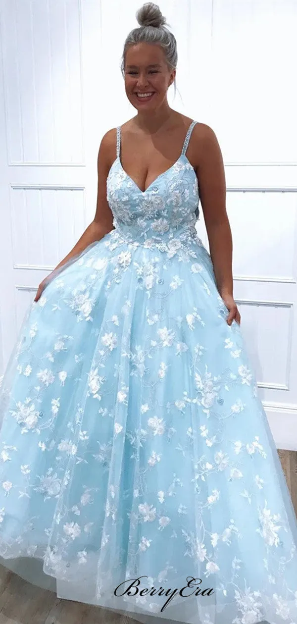 Light Blue A-line Lace Prom Dresses, Appliques Elegant Long Prom Dresses