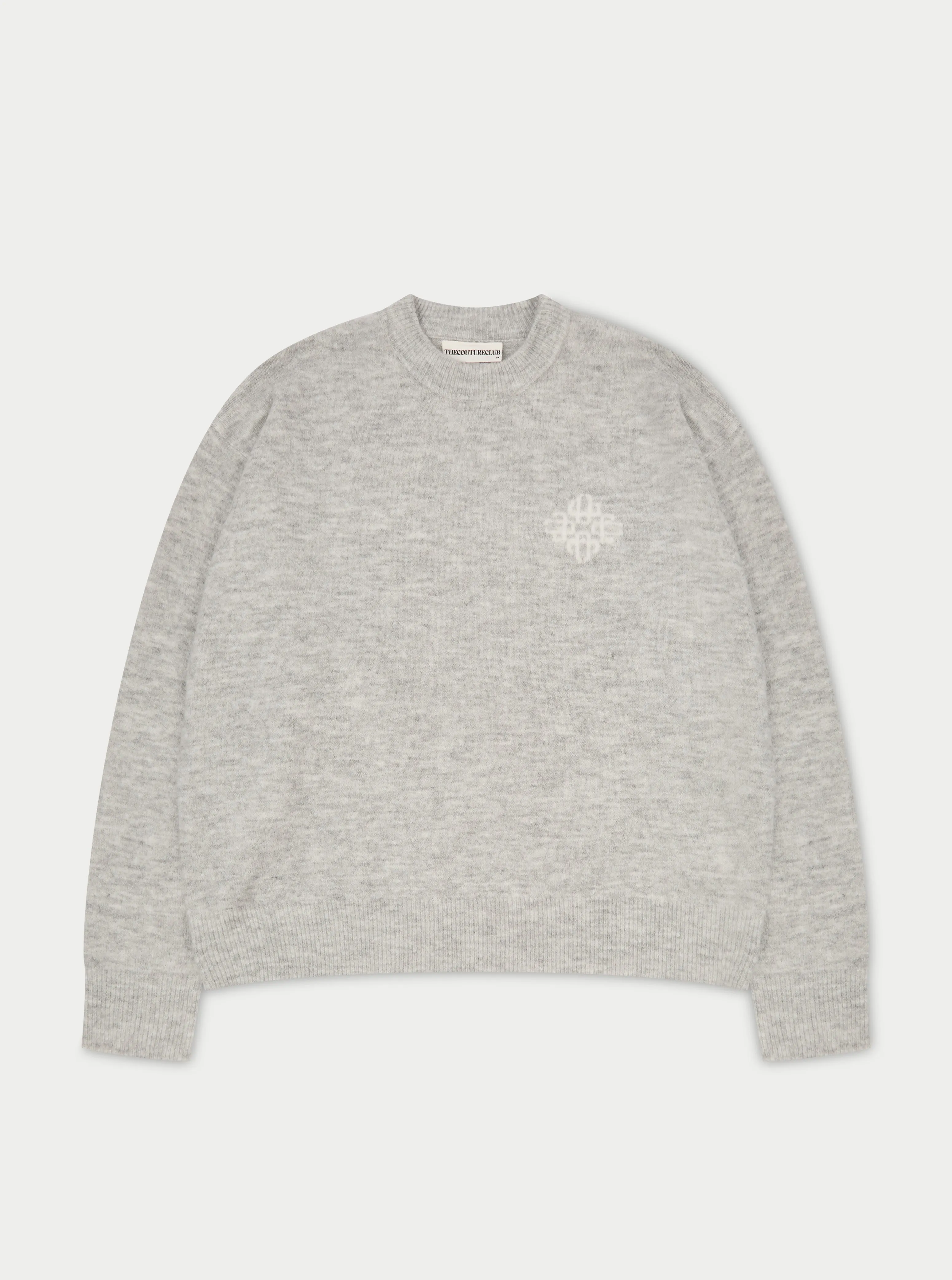 LIGHTWEIGHT FLUFFY KNIT EMBLEM CREW - GREY MARL