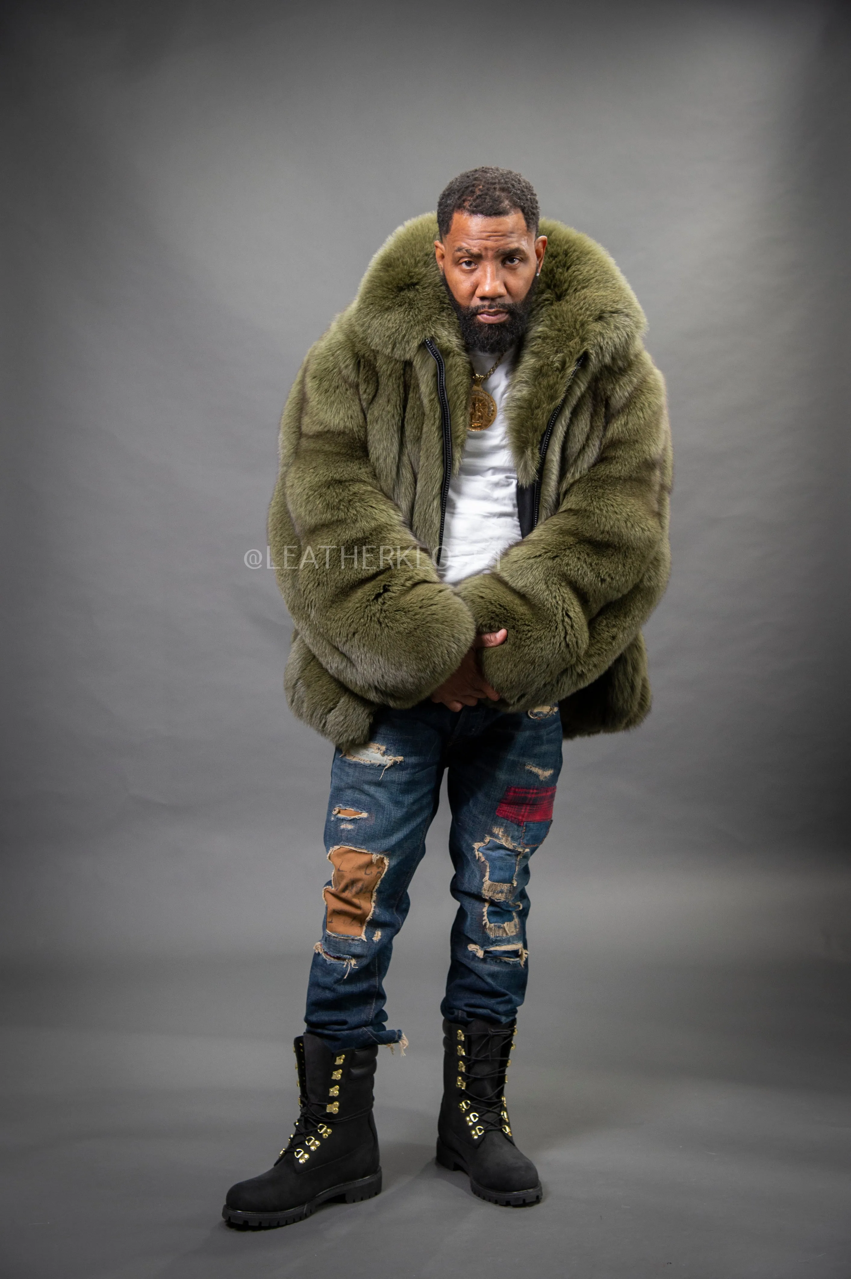 Men's Black Fox Fur Bomber Jacket [Olive]