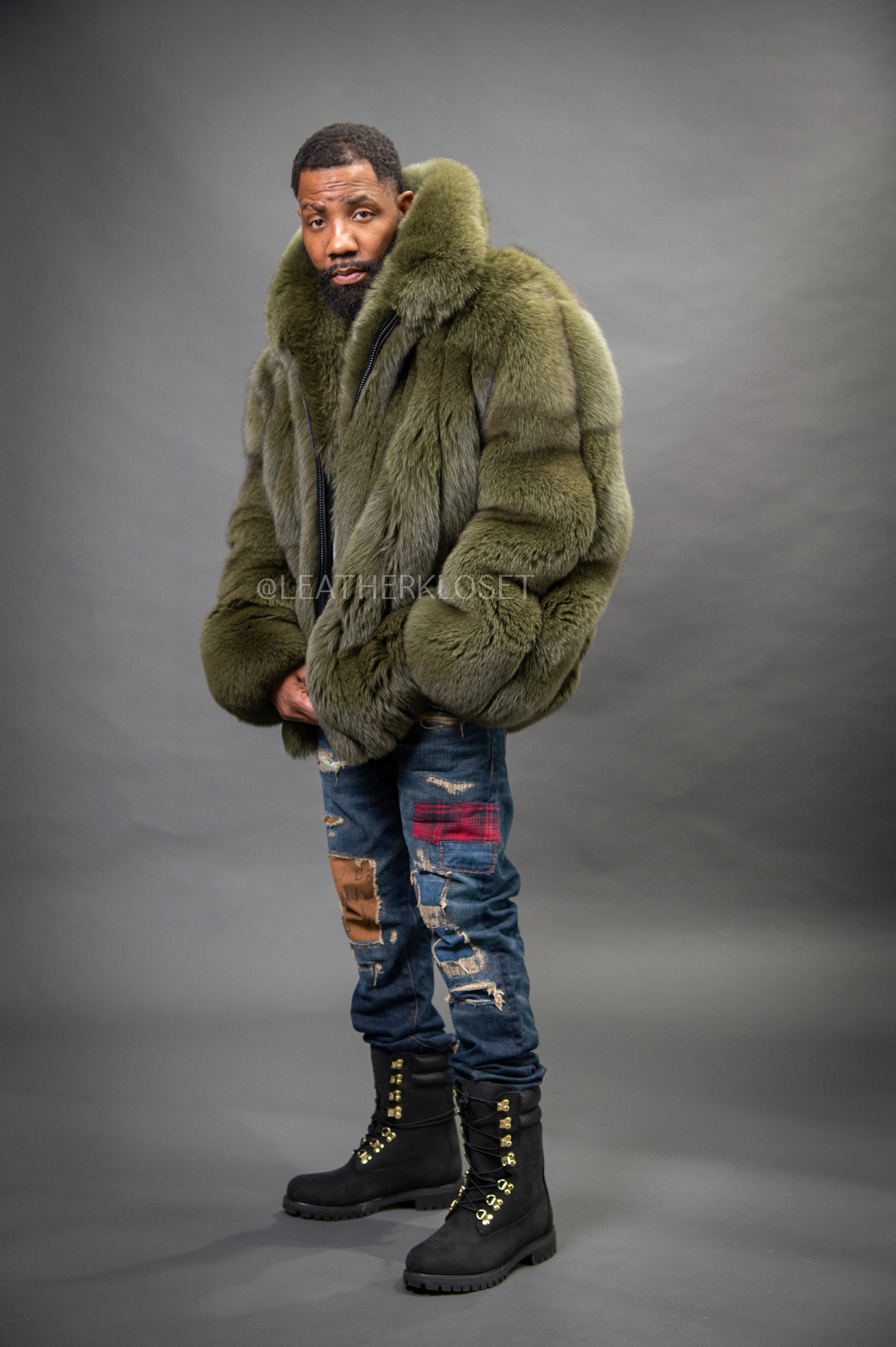 Men's Black Fox Fur Bomber Jacket [Olive]