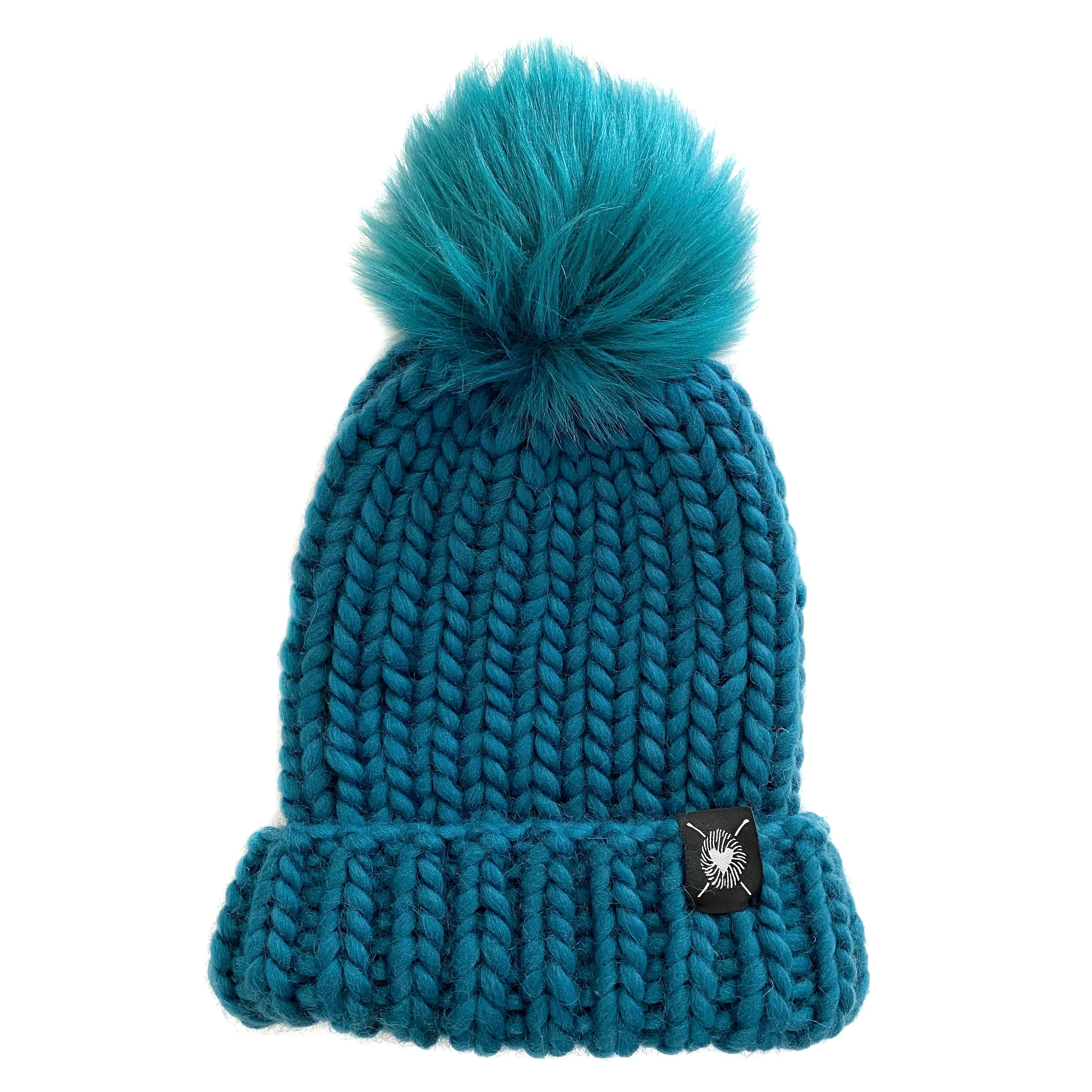 Merino Folded Brim Faux Fur Pom-Pom Beanie in Teal