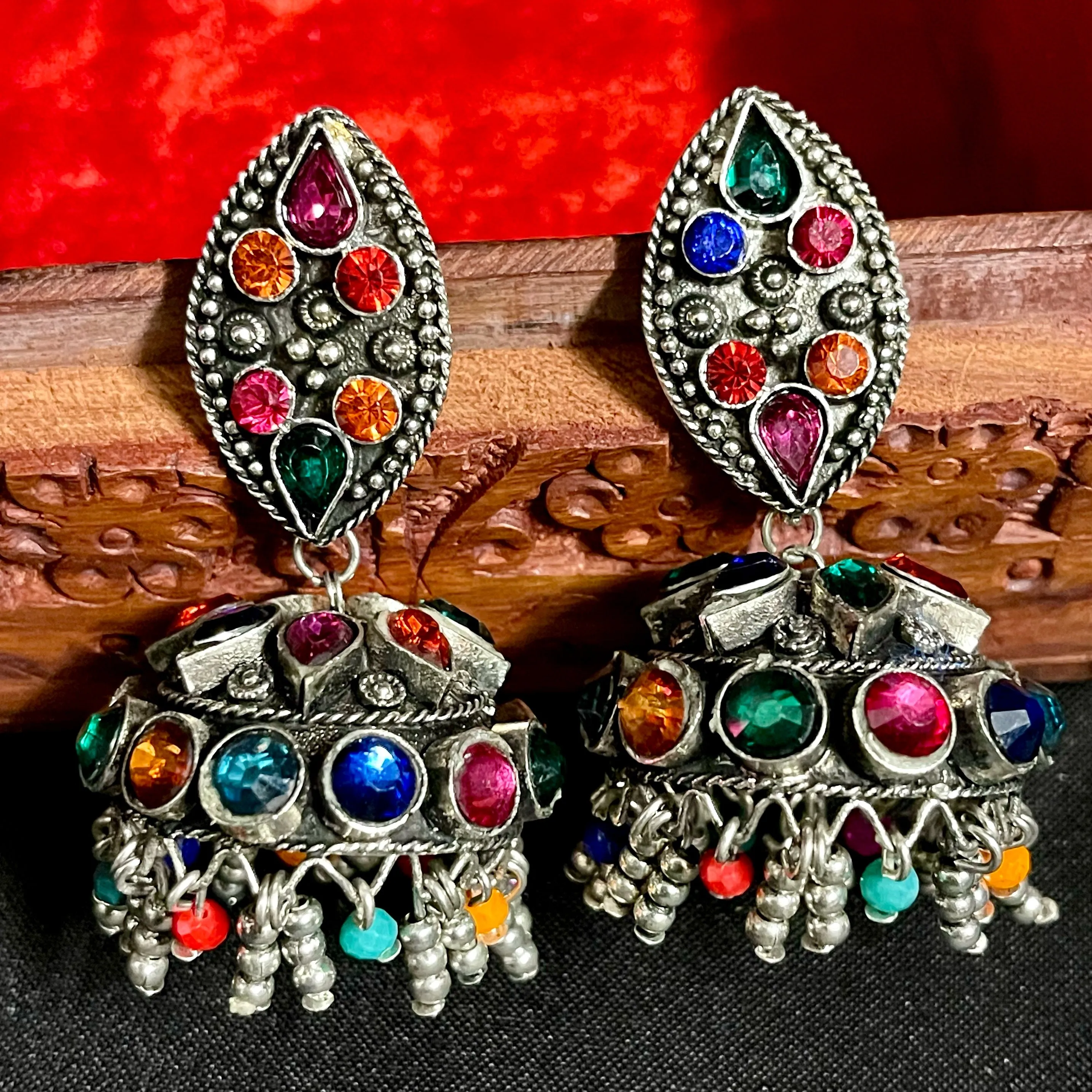 Multicolor Oxidized Silver Lightweight Big Jhumka