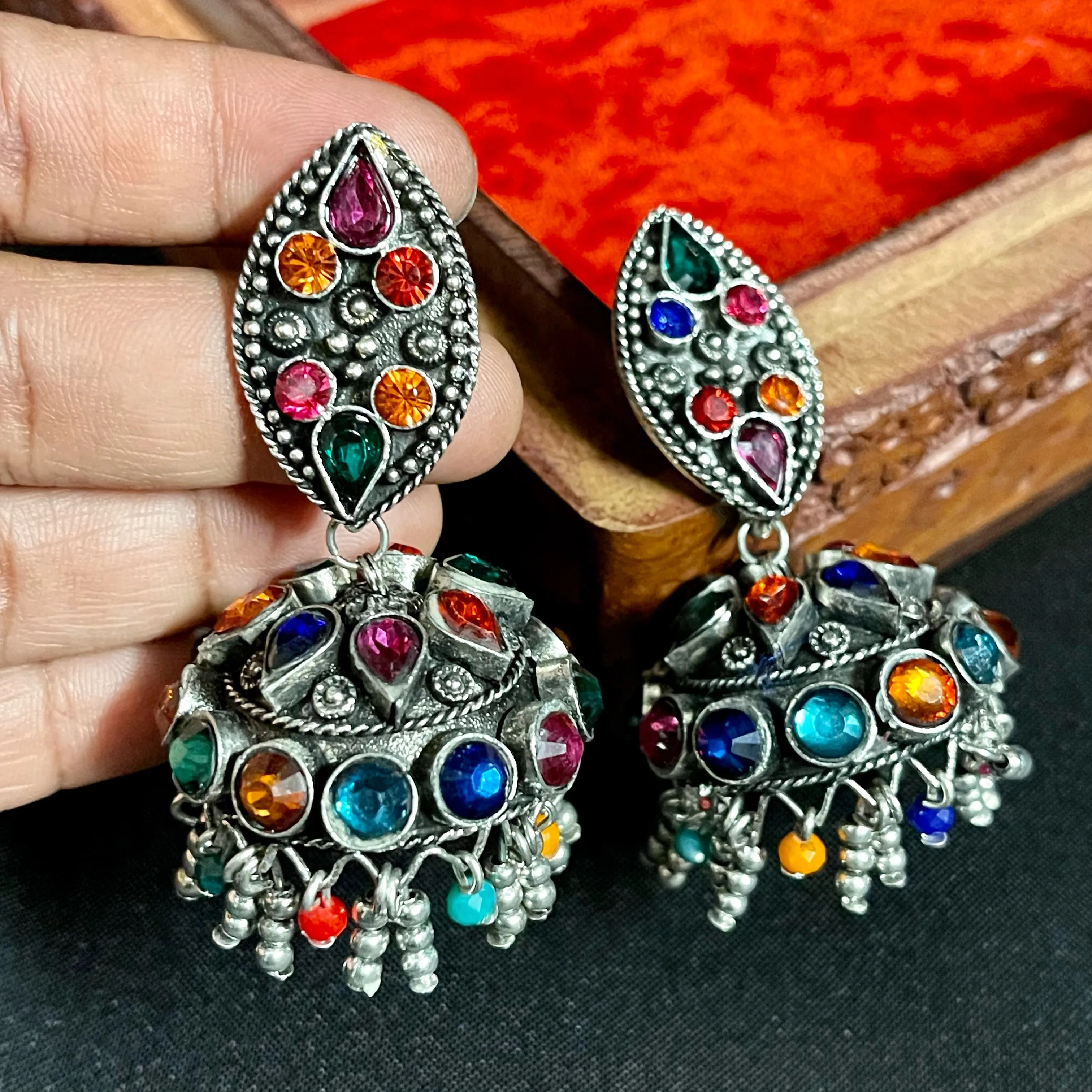 Multicolor Oxidized Silver Lightweight Big Jhumka