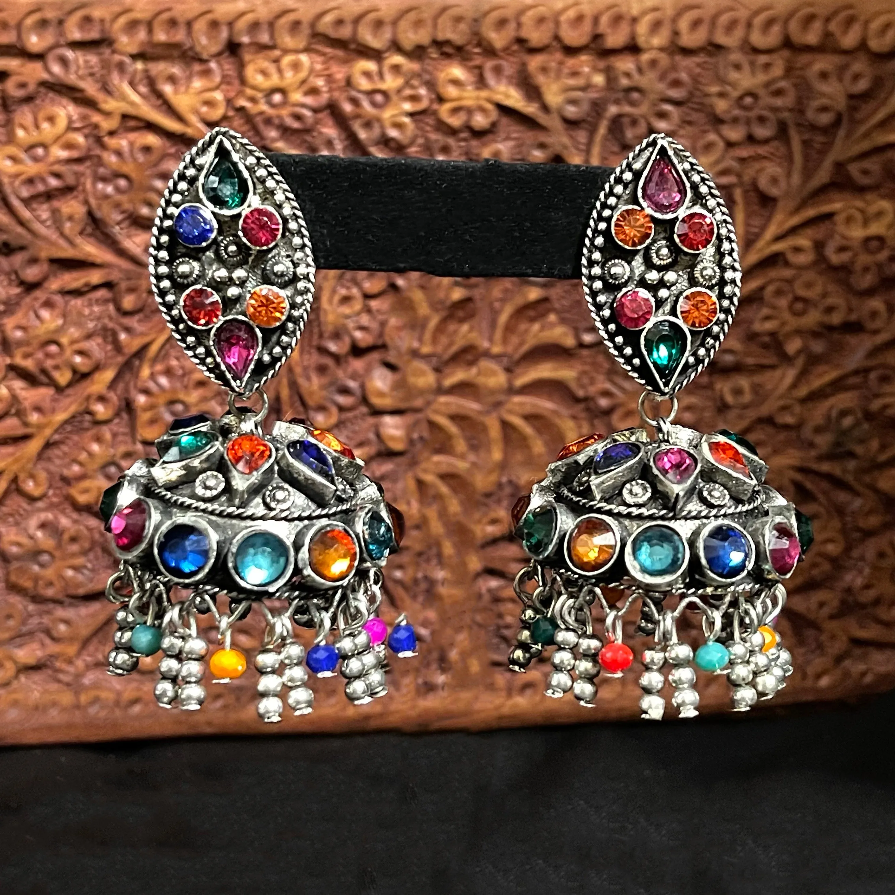 Multicolor Oxidized Silver Lightweight Big Jhumka