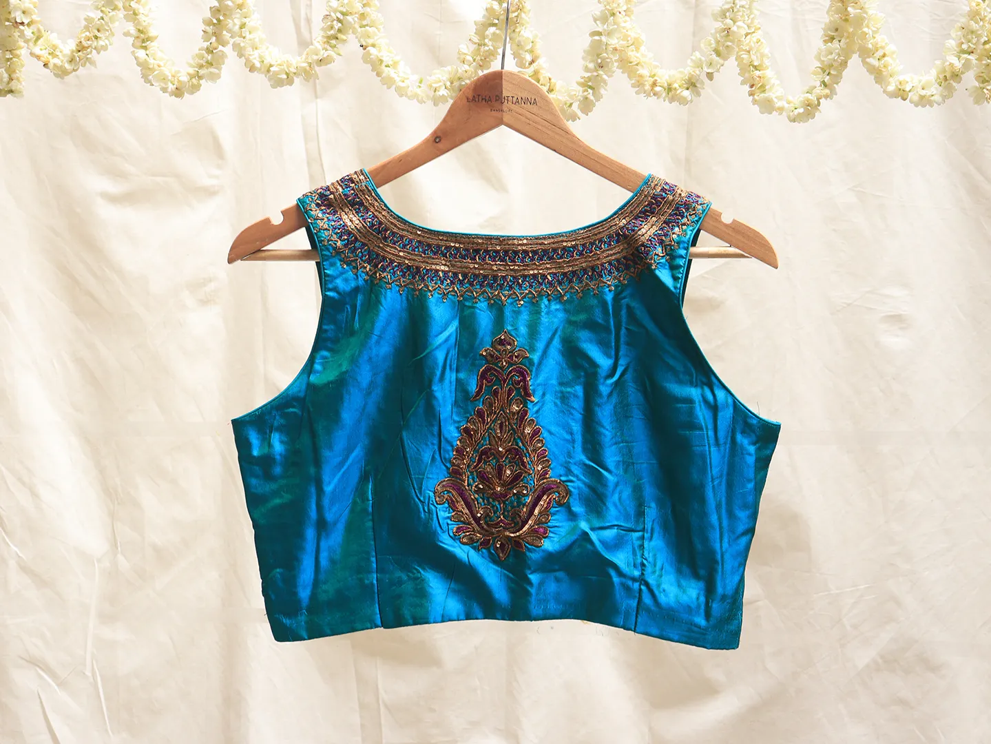 Ocean blue, Karnataka silk, Hand embroidery blouse