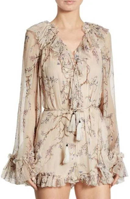 'Paradiso' Ruffled Floral-Print Silk Romper