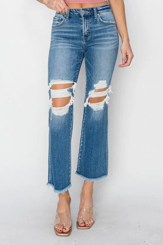 PENNY MID RISE KNEE HOLE DISTRESSED ANKLE FLARE JEANS