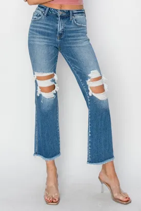 PENNY MID RISE KNEE HOLE DISTRESSED ANKLE FLARE JEANS