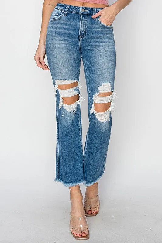 PENNY MID RISE KNEE HOLE DISTRESSED ANKLE FLARE JEANS