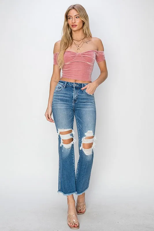 PENNY MID RISE KNEE HOLE DISTRESSED ANKLE FLARE JEANS