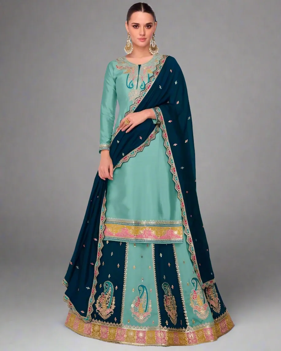 Premium Silk Embroidered Lehenga Suit Turquoise and Teal