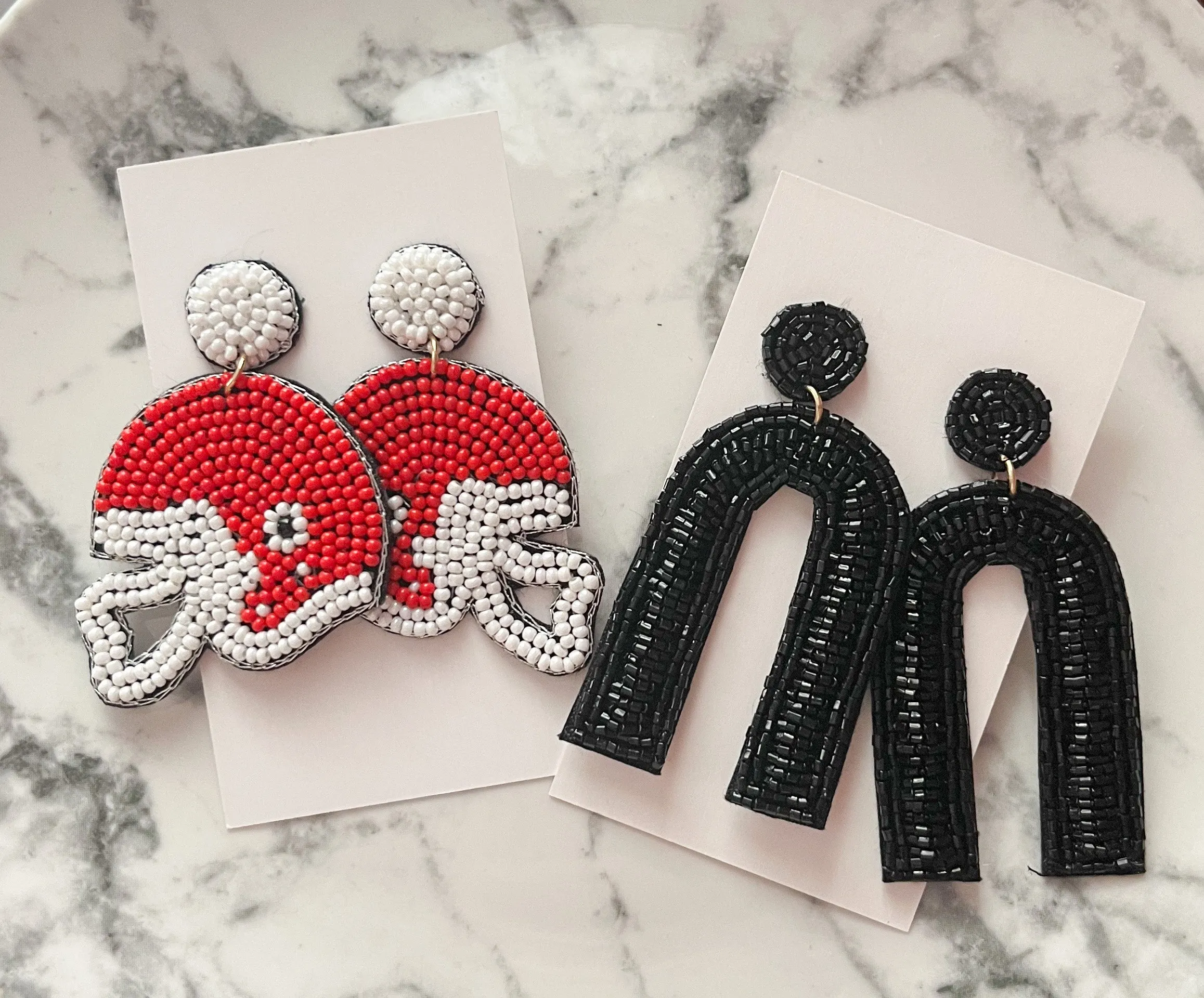 Red Helmet Seed Bead Statement Earrings