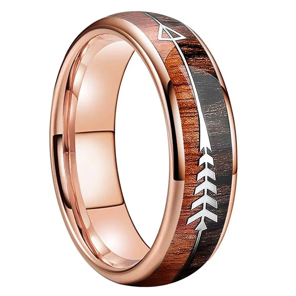 Rose Gold Tungsten Ring with An Arrow & Wood Inlay (6mm)