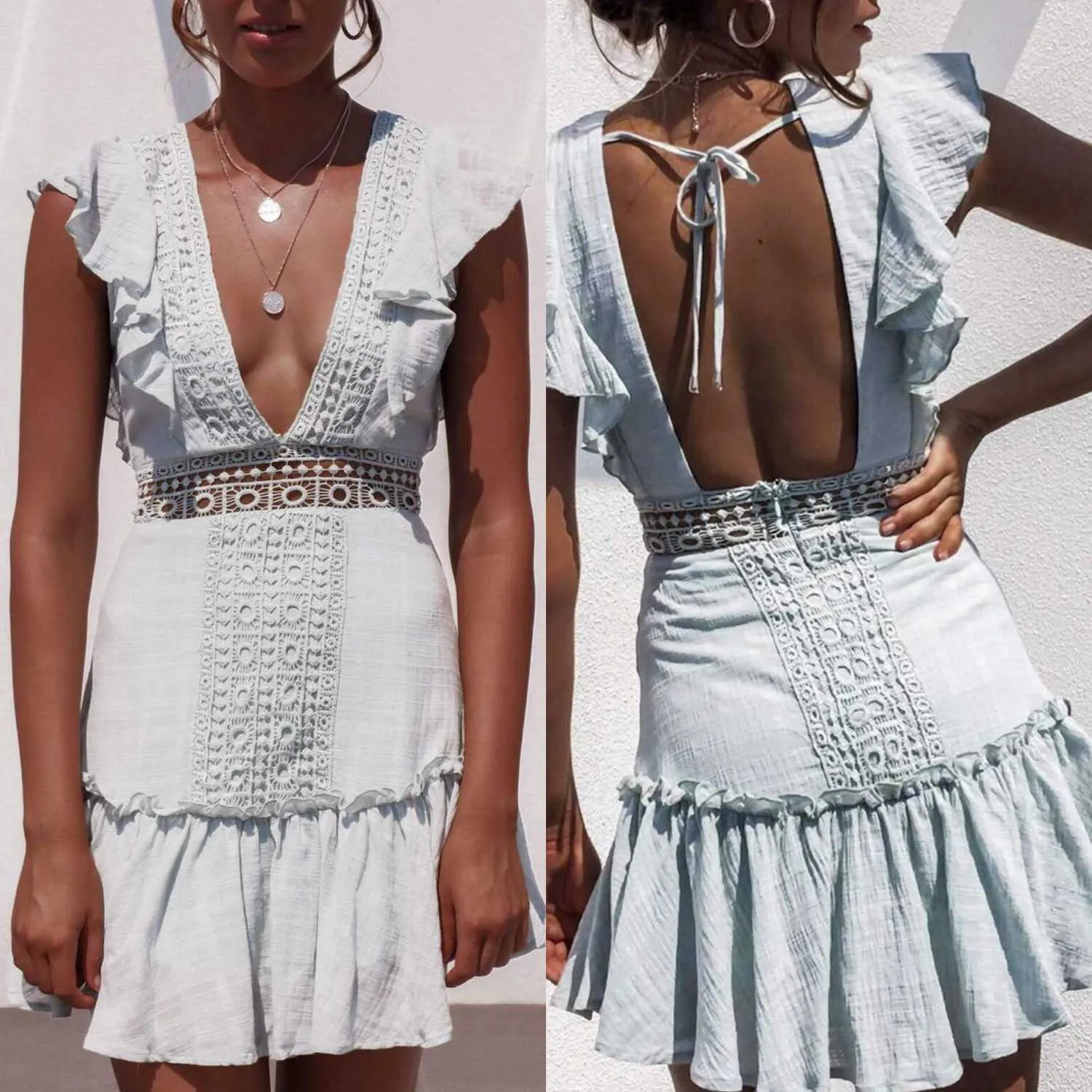 Ruffle Top Deep Plunging Eyelet Lace Crochet Frill Hem Dress