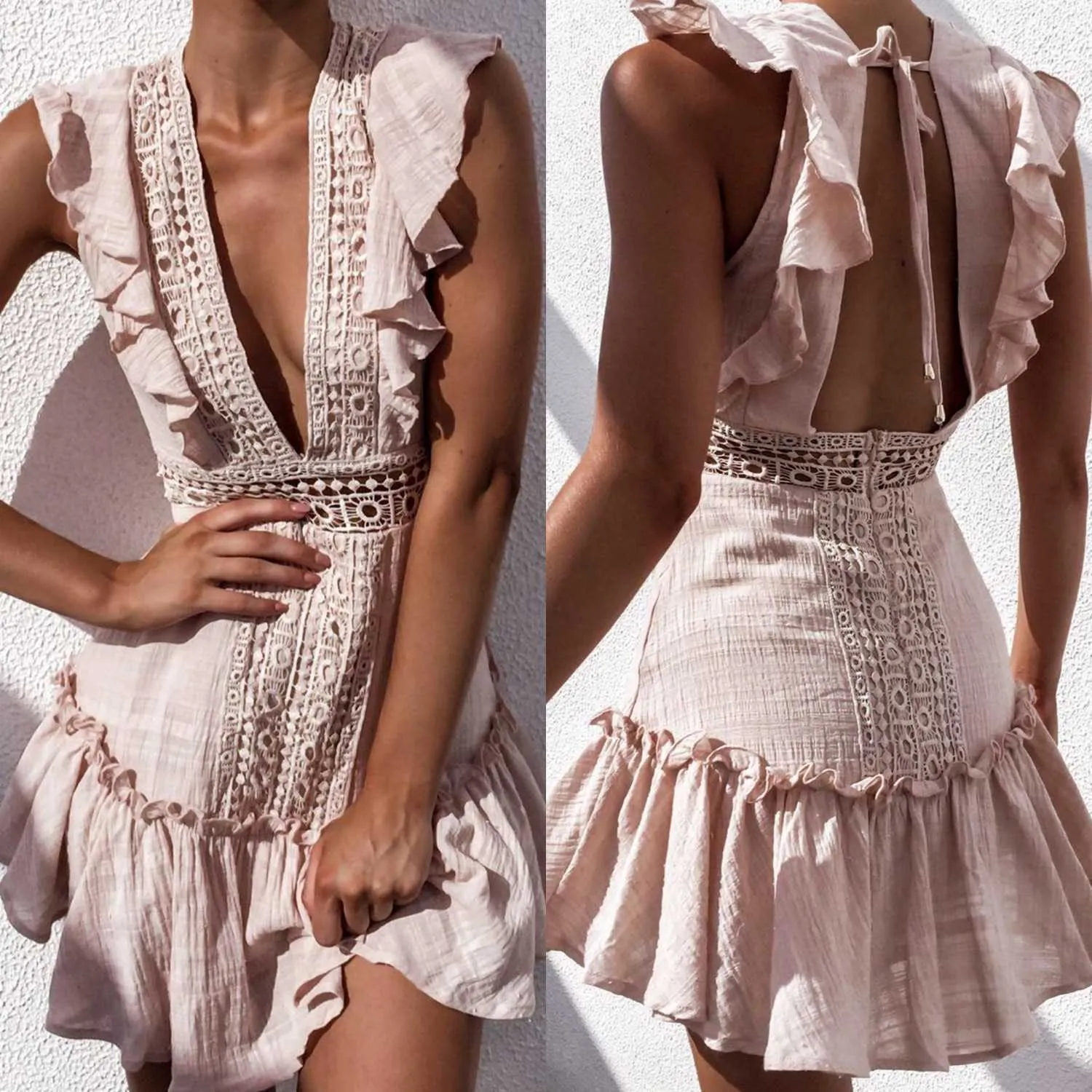 Ruffle Top Deep Plunging Eyelet Lace Crochet Frill Hem Dress