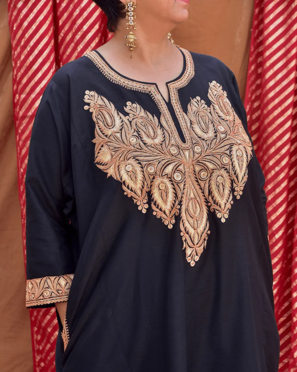 Silk Black Phiran with Gold Tilla Embroidery