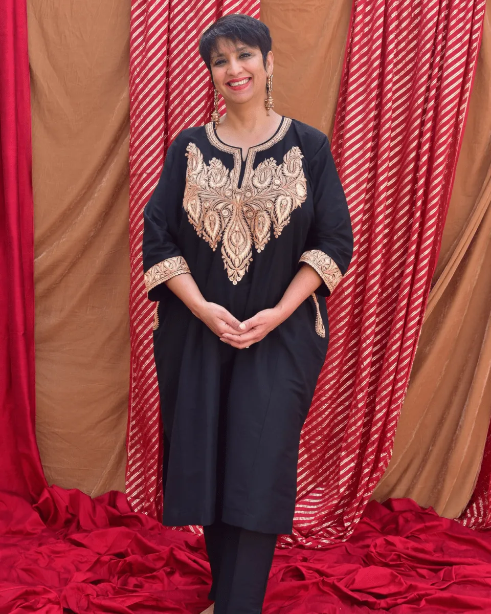 Silk Black Phiran with Gold Tilla Embroidery