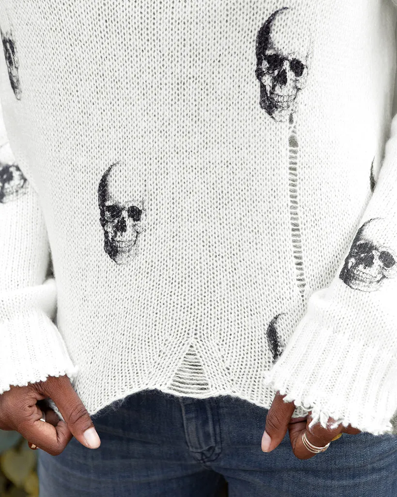 SKULL PRINTED DISTRESSED CREW LIGHTWEIGHT