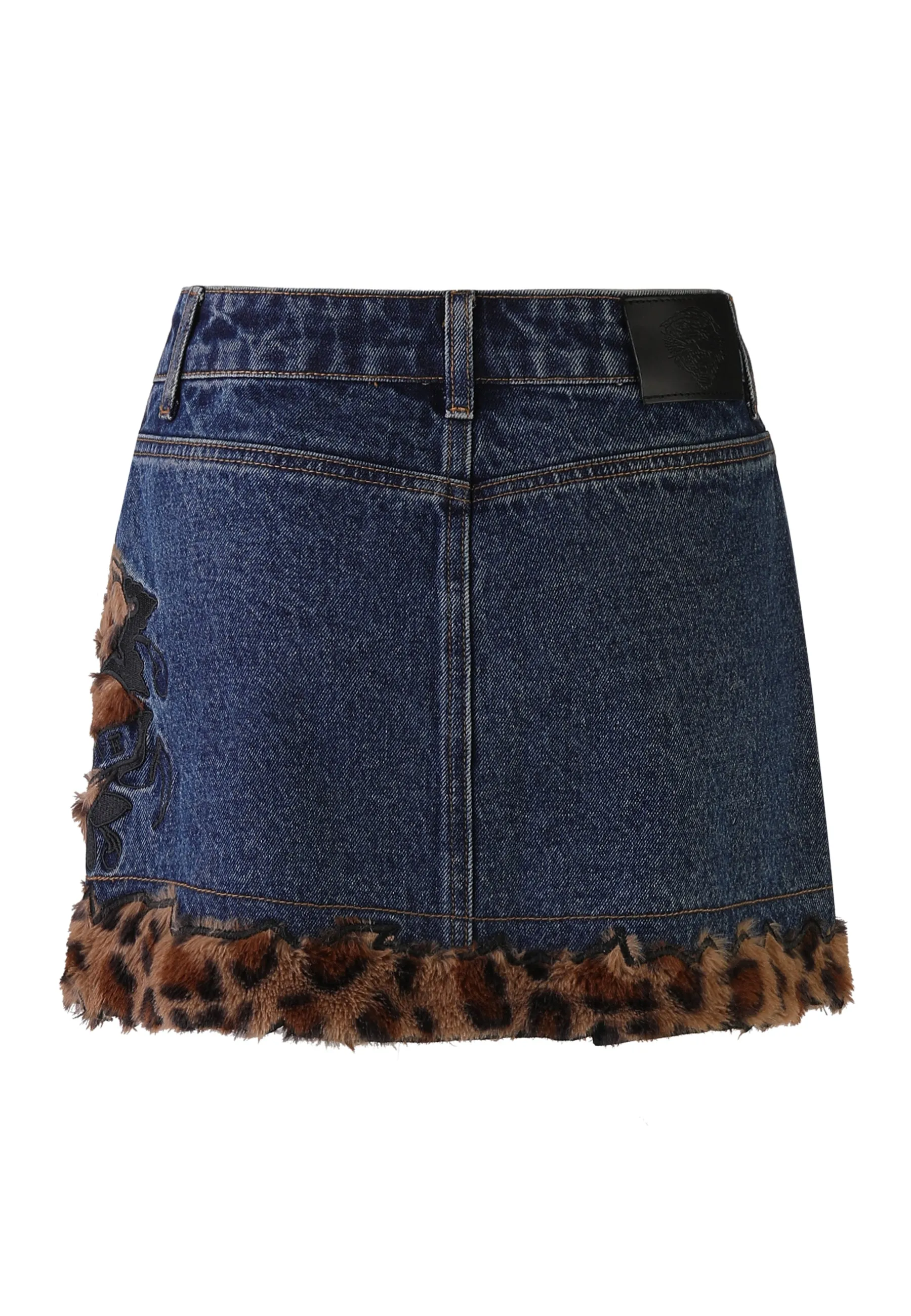 Womens Leo Fur Trim Denim Mini Skirt - Indigo