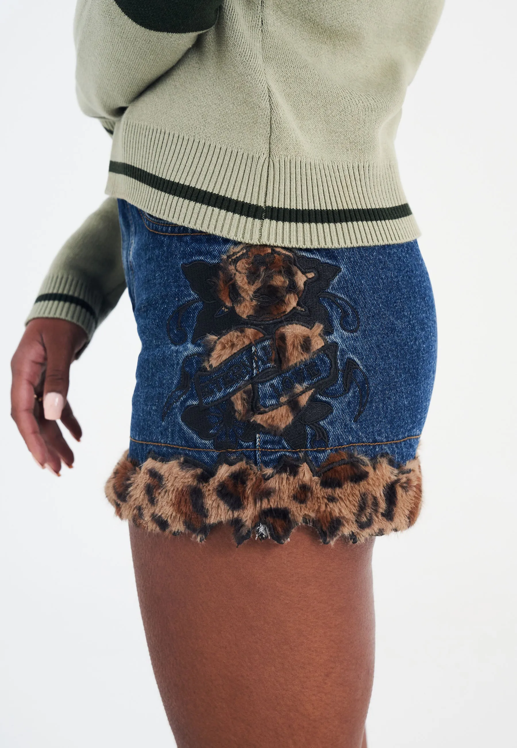 Womens Leo Fur Trim Denim Mini Skirt - Indigo